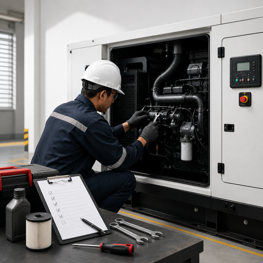 Teknisi melakukan maintenance genset diesel berdasarkan jam operasional untuk menjaga performa mesin tetap optimal.