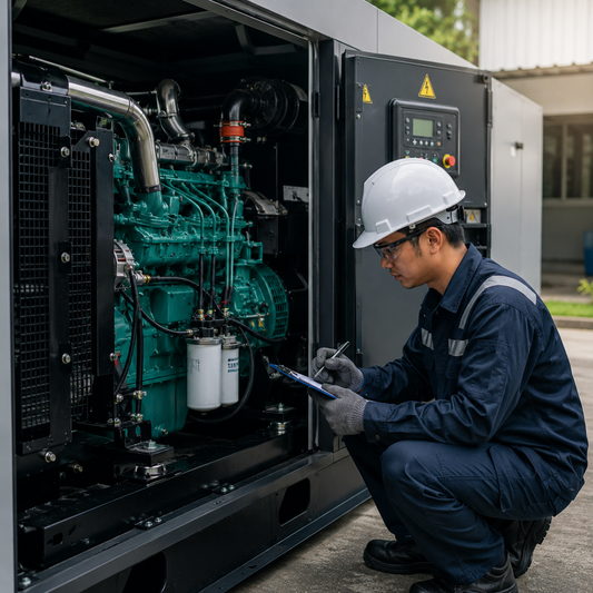 Teknisi sedang melakukan test run dan inspeksi rutin pada genset diesel untuk memastikan mesin selalu siap digunakan saat kondisi darurat.