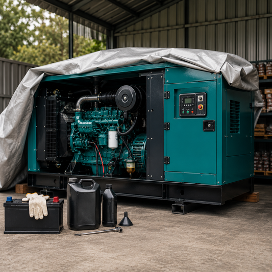 Genset diesel disimpan di area yang bersih dan kering dengan pemeriksaan rutin untuk menjaga performa mesin.