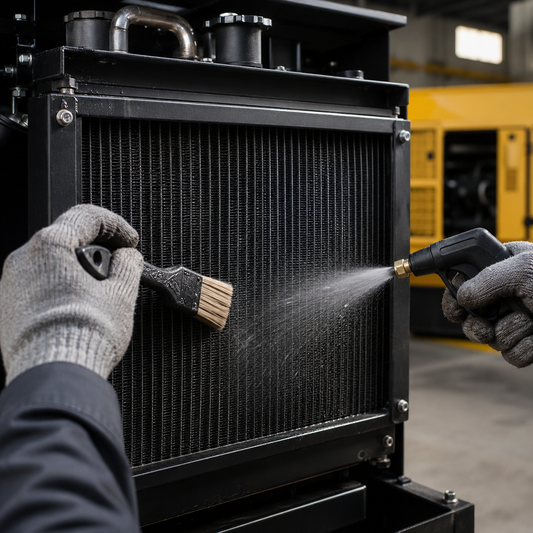 Teknisi sedang membersihkan radiator genset diesel menggunakan air compressor untuk mencegah mesin mengalami overheat.
