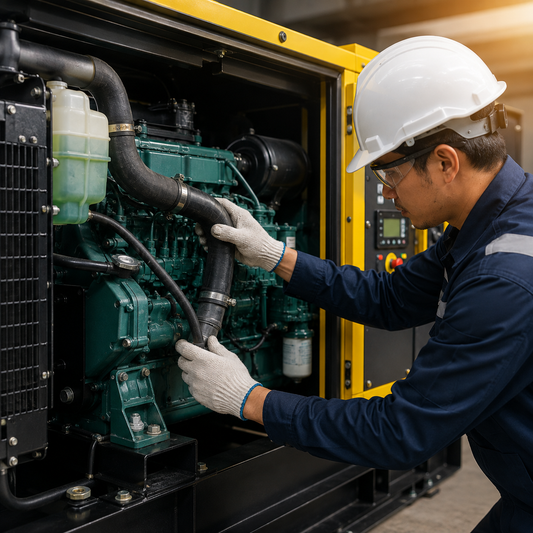 Teknisi sedang memeriksa selang radiator dan sistem pendingin genset diesel sebagai bagian dari perawatan berkala untuk mencegah overheat.