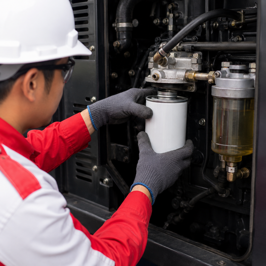 Teknisi sedang mengganti filter solar pada genset diesel sebagai bagian dari perawatan berkala sistem bahan bakar.